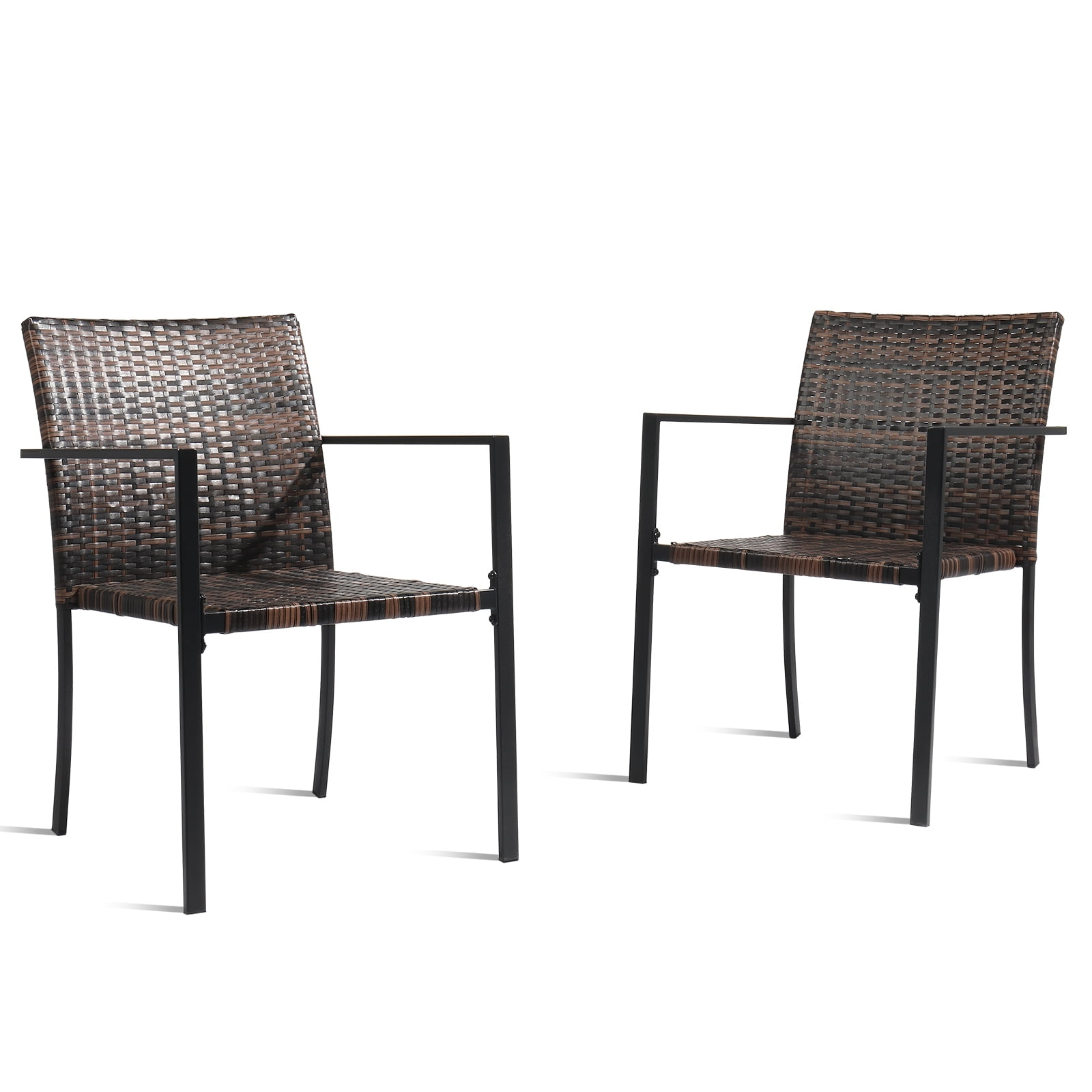Set of 2 Brown Wicker and Black Steel Outdoor Dining Chairs