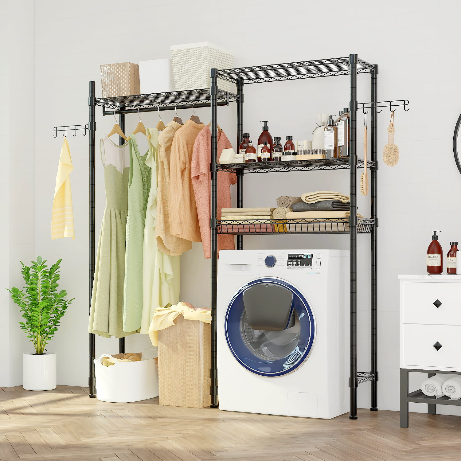 Kselythan Over Washer and Dryer Shelves,57.4" W Heavy Duty Laundry Room Storage Organization Clothes Drying Rack,Height Adjustable Towel Racks with Hamper and Hooks,Space Saving Shelf