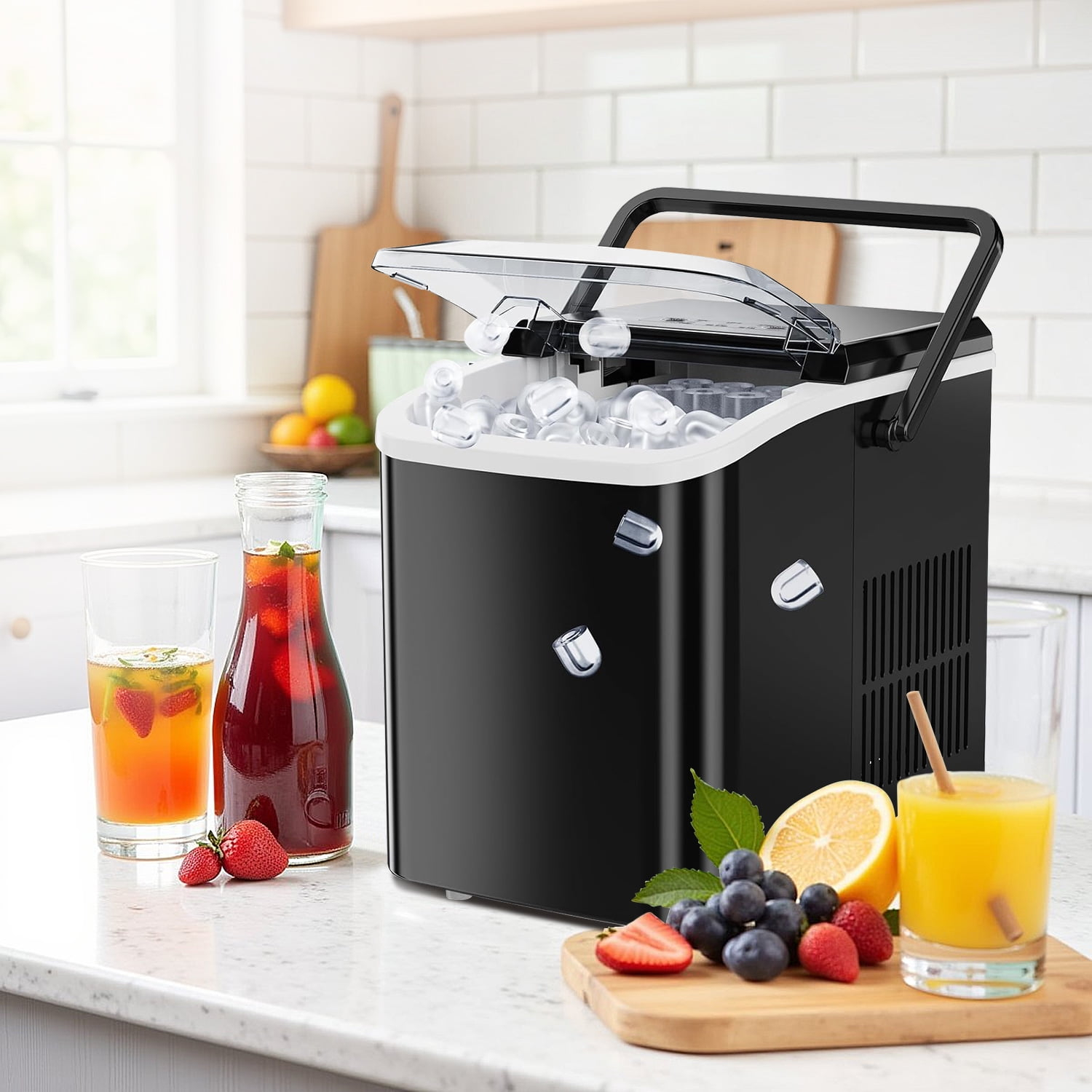 Ice Maker, 9Pcs/6Min, Self-Cleaning Portable Ice Maker Machine, 40 db quieter processing, 26Lbs/24H with Ice Scoop and Handle, 2 Sizes Bullet Cubes Makers, Black