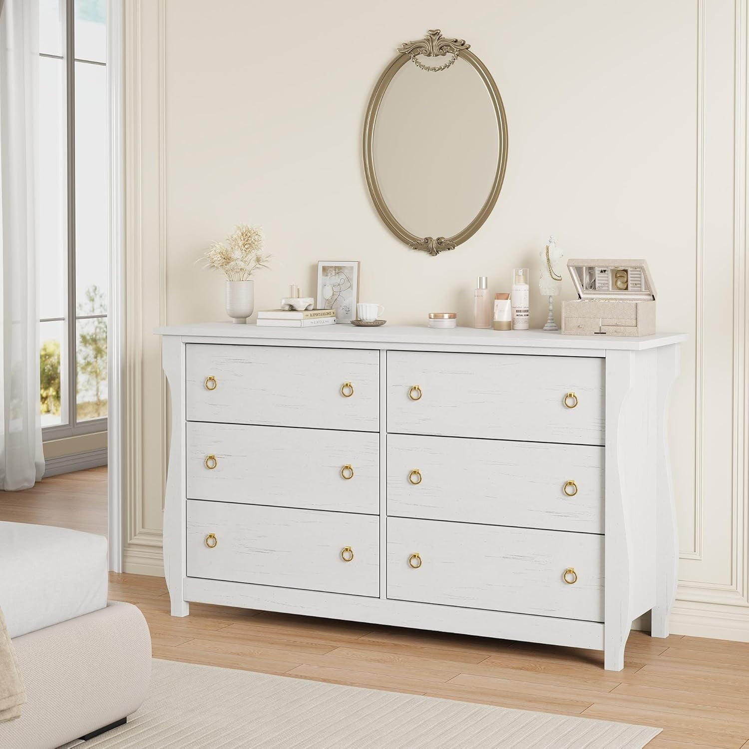 White 6-Drawer Bohemian Dresser with Curved Legs and Rattan Accents