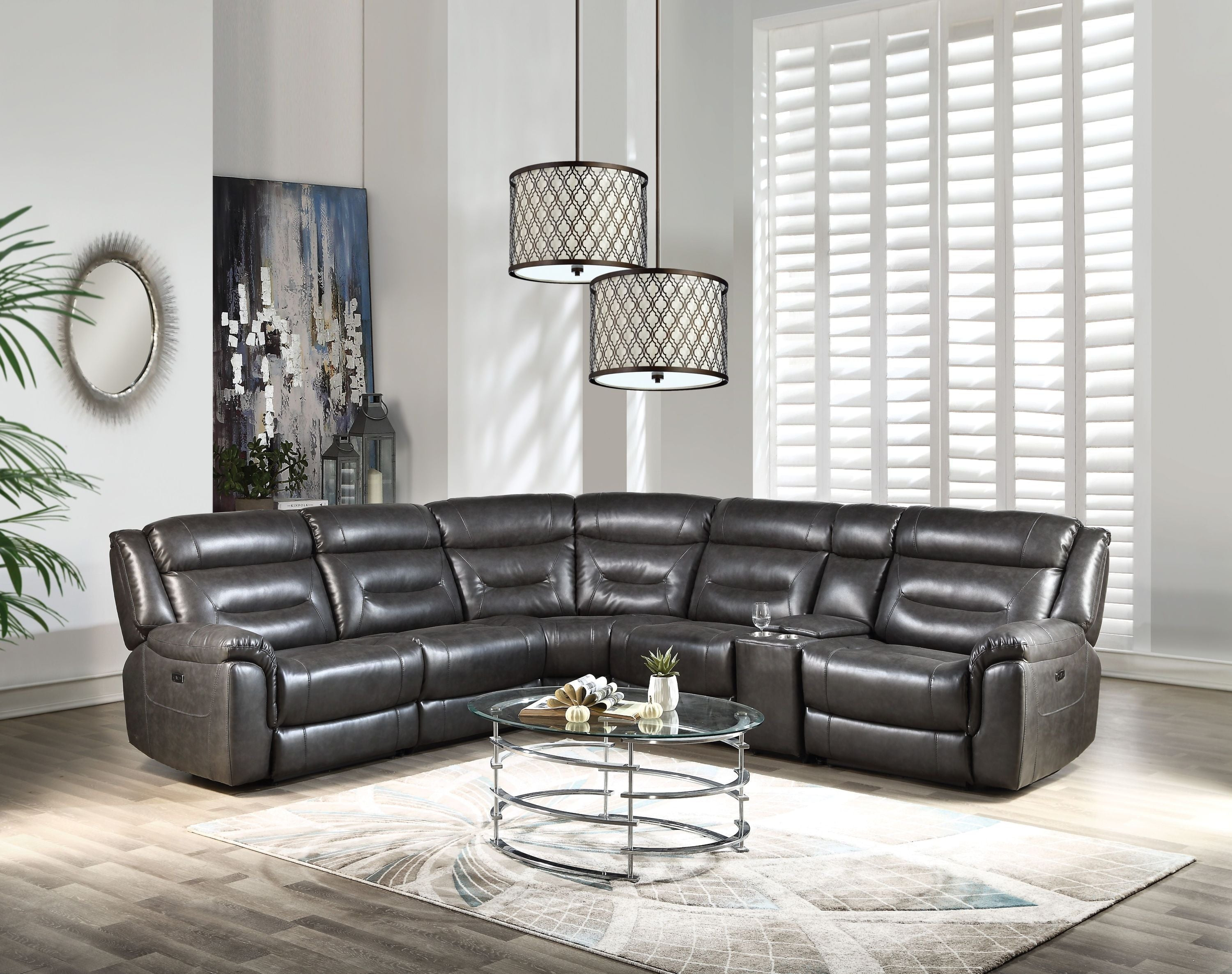 ACME Imogen Sectional Sofa (Power Motion/USB Port), Gray Leather-Aire