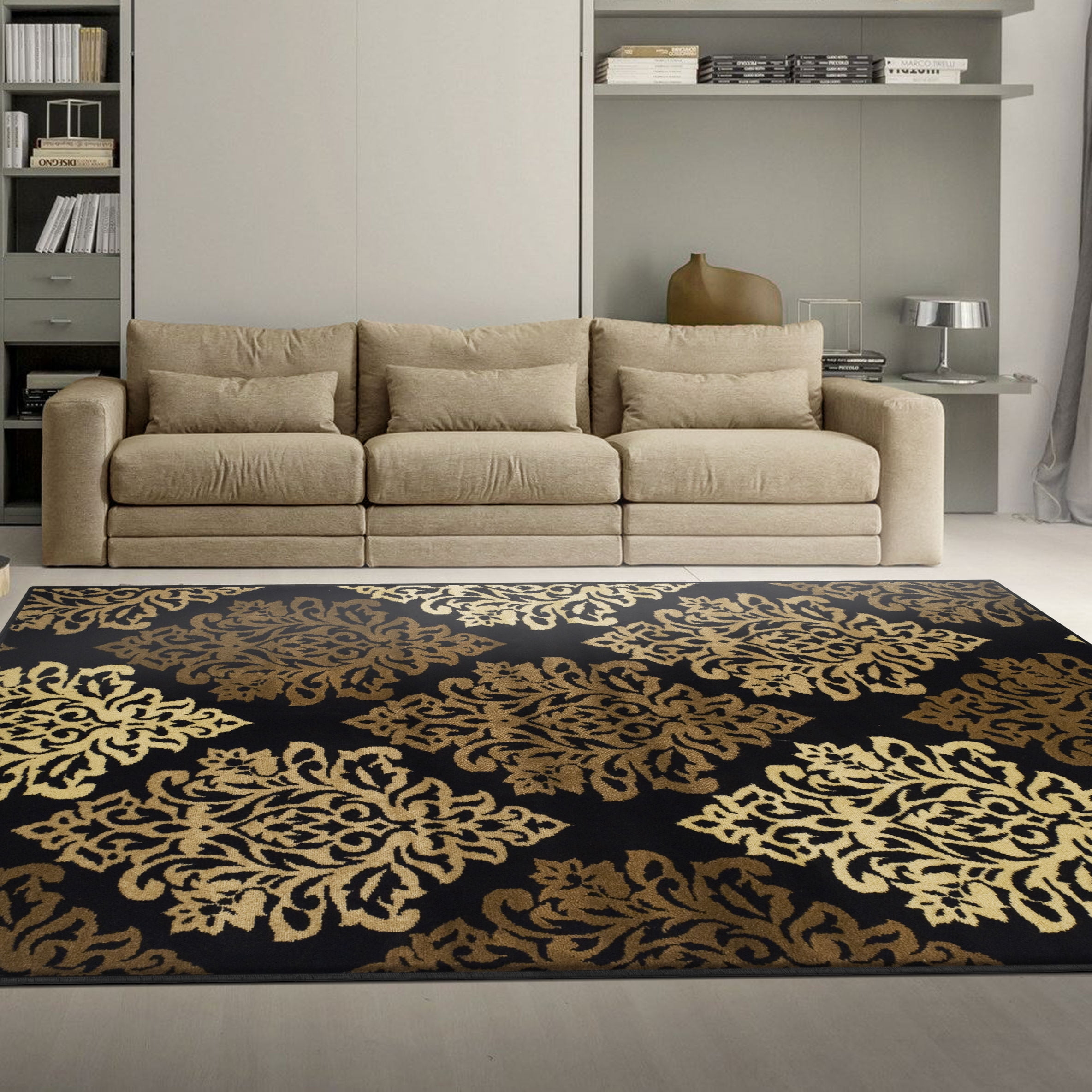 Impressions Caldwell Damask Floral Modern & Contemporary Area Rug, Black