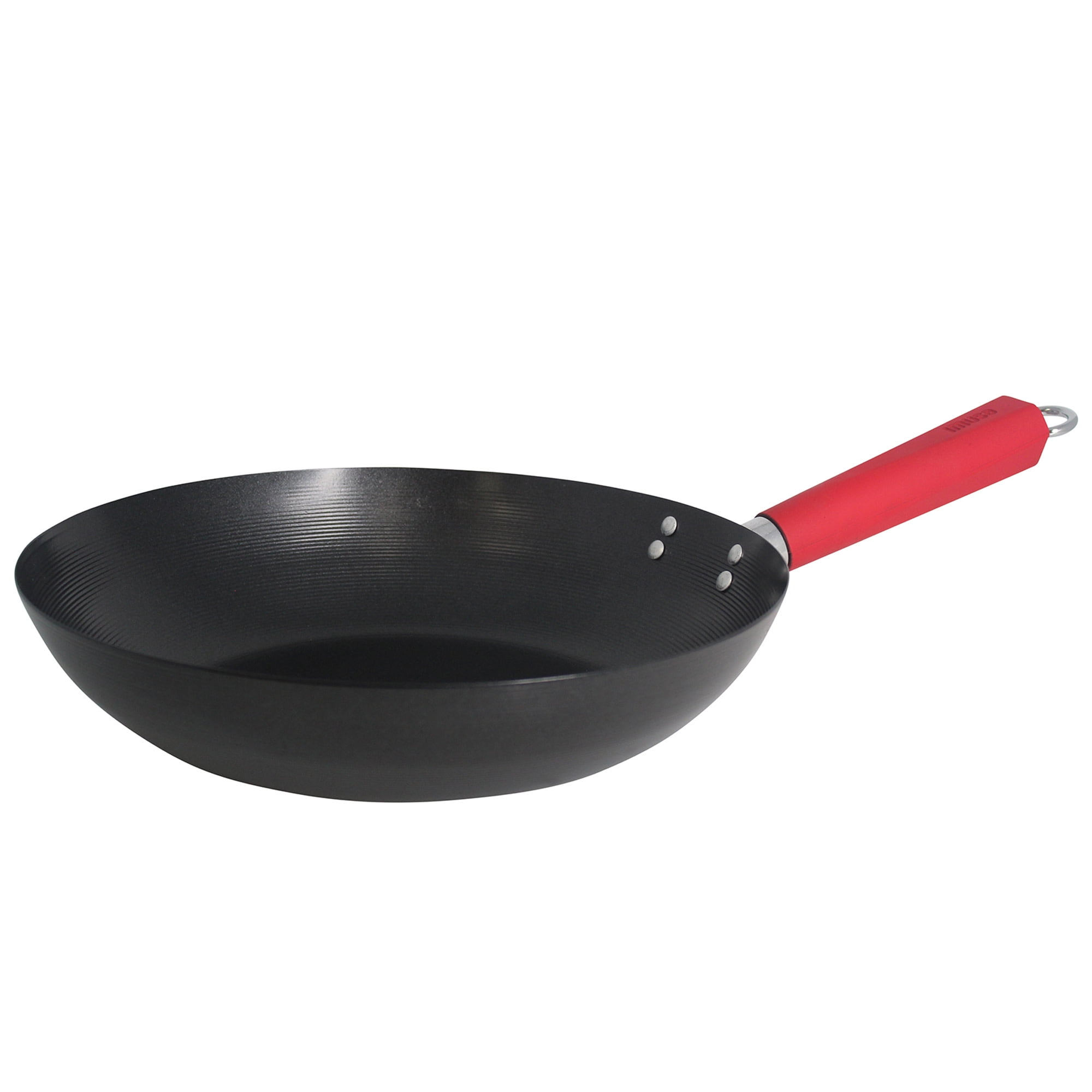 IMUSA 12in Carbon Steel Nonstick Wok with Red Soft Touch Handle, Black