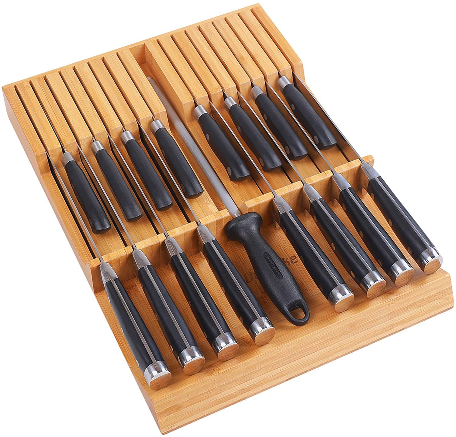 In-Drawer Knife Block,Bamboo Knife Drawer Organizer Insert, Kitchen Knife Drawer Storage for 16 Knives a Slot for your Knife Sharpener (Without Knives)
