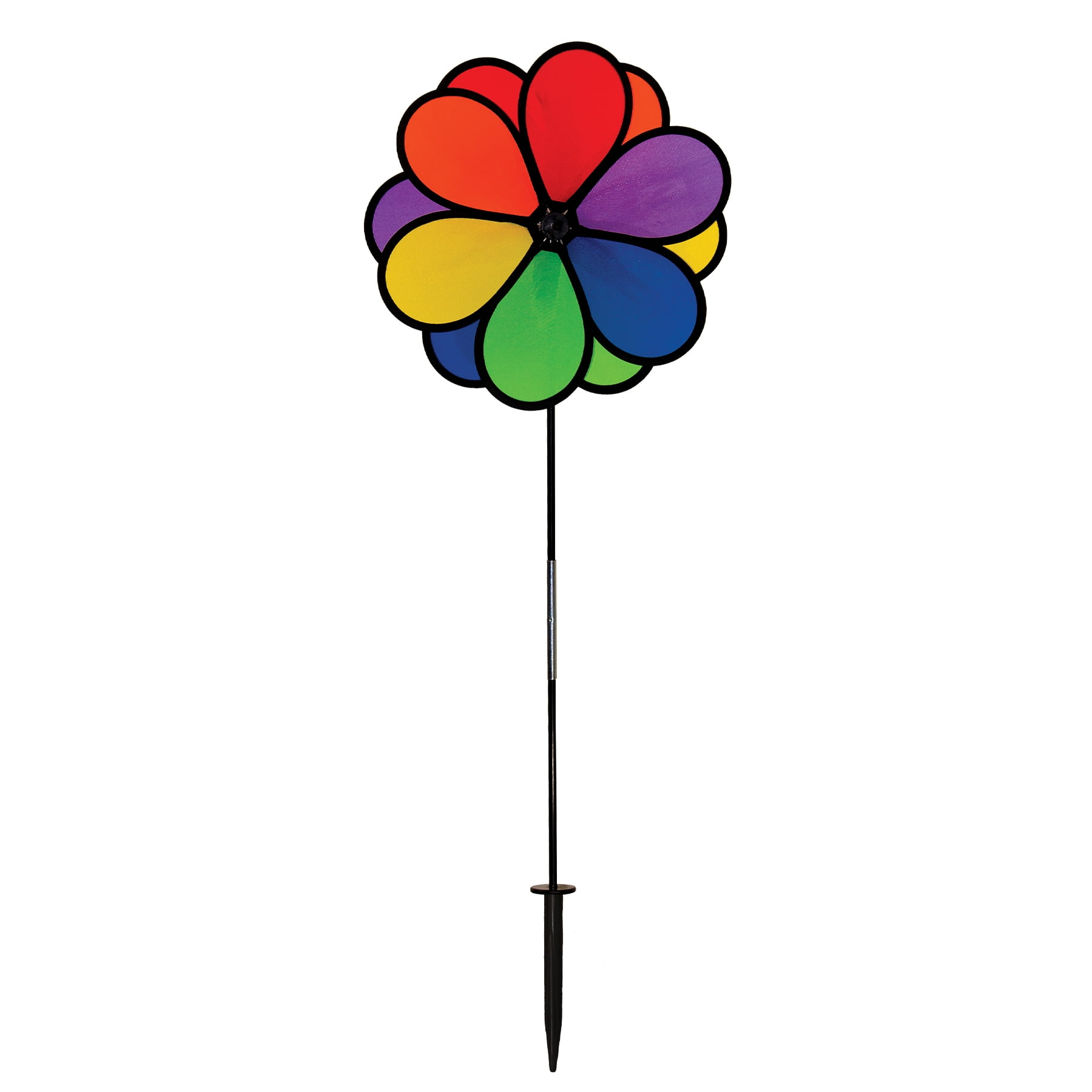 In the Breeze 2745 — Double Dazy Flower 14-inch Ground Spinner — Rainbow Flower Wind Spinner — Colorful Yard or Garden Decoration