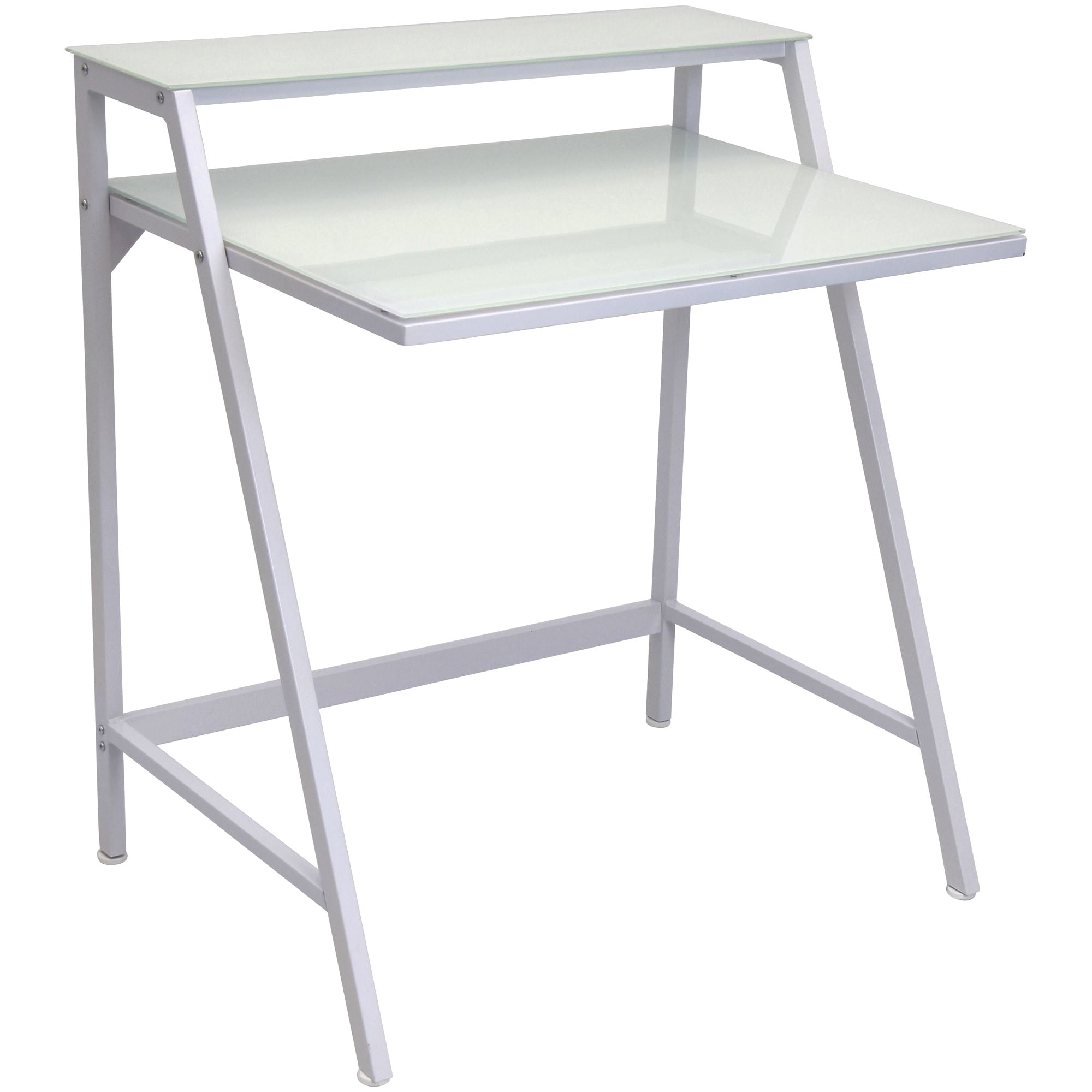 Indoor Furniture 2-Tier Contemporary Office Desk - Metal, Tempered Glass In White