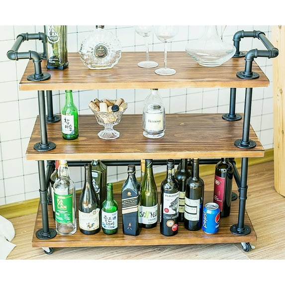 Industrial Bar Carts/Serving Carts/Kitchen Carts/Wine Rack Carts on Wheels with Storage - Industrial Rolling Carts - Wine Tea Liquor Shelves/Holder - Solid Wood and Metal Home Furniture