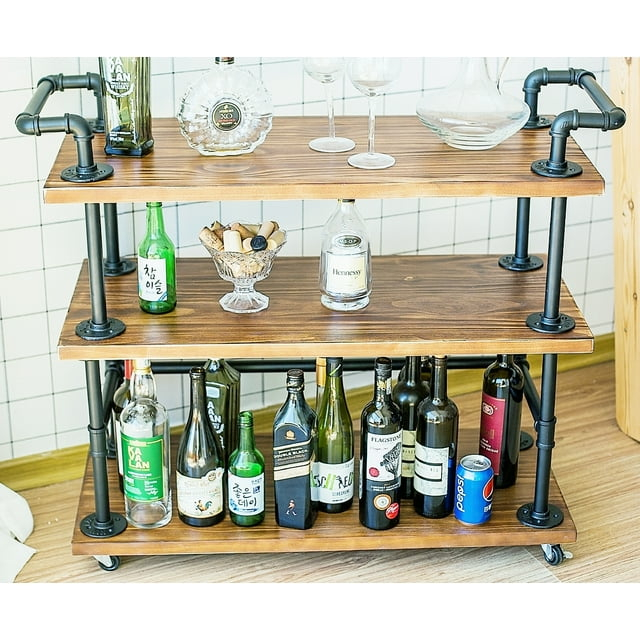 Industrial Bar Carts/Serving Carts/Kitchen Carts/Wine Rack Carts on Wheels with Storage - Industrial Rolling Carts - Wine Tea Liquor Shelves/Holder - Solid Wood and Metal Home Furniture