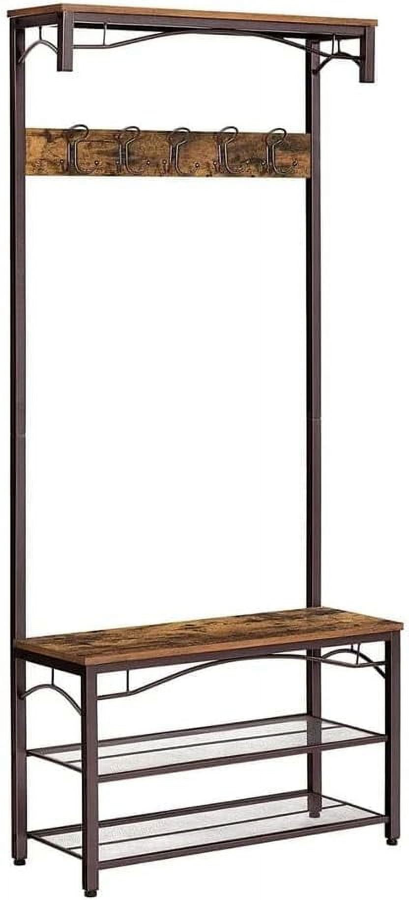 Industrial Coat Rack Stand, Shoe Rack Bench with Grid Memo Board, 9 Hooks and Storage Shelves, Hall Tree with Stable Metal Frame, Rustic Brown UHSR46BX
