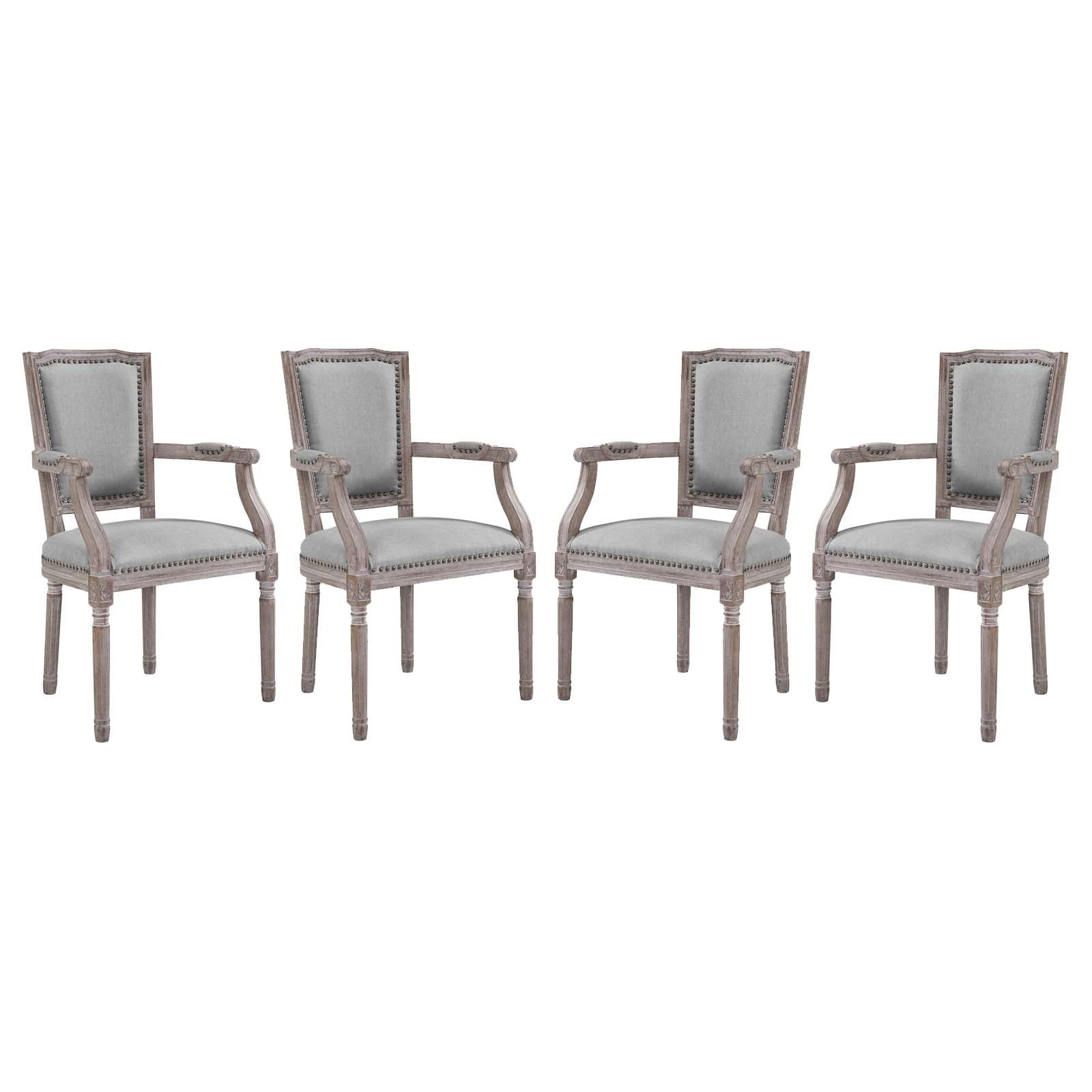 Industrial Country Farm House Dining Kitchen Room Side Chair Armchair, Set of Four, Fabric Wood Copper Nail Rivet, Light Grey Gray