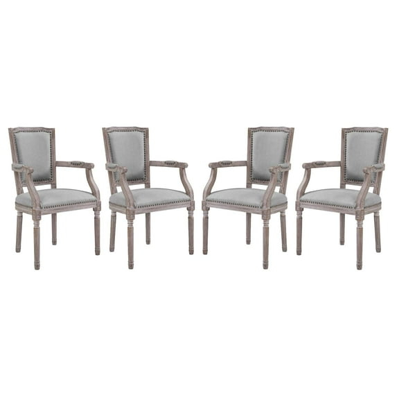 Industrial Country Farm House Dining Kitchen Room Side Chair Armchair, Set of Four, Fabric Wood Copper Nail Rivet, Light Grey Gray