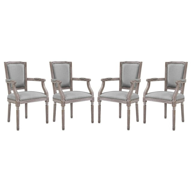 Industrial Country Farm House Dining Kitchen Room Side Chair Armchair, Set of Four, Fabric Wood Copper Nail Rivet, Light Grey Gray