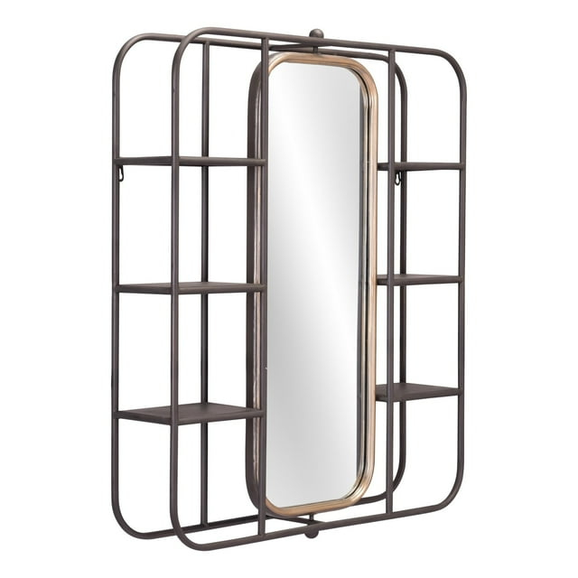 Industrial Gray Shelf with Gold Mirror - Black