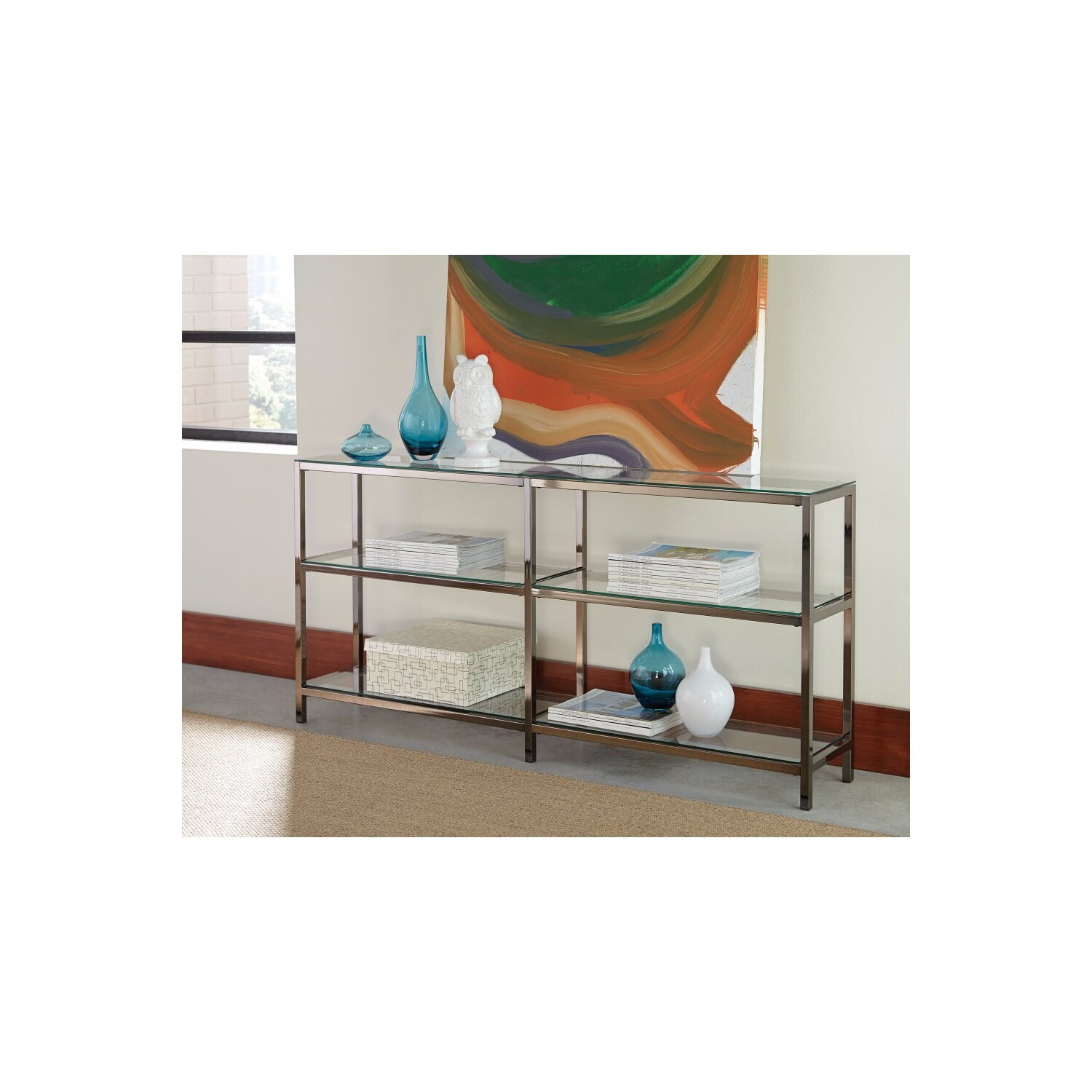 Industrial Metal Bookcase with Glass Shelves, Silver