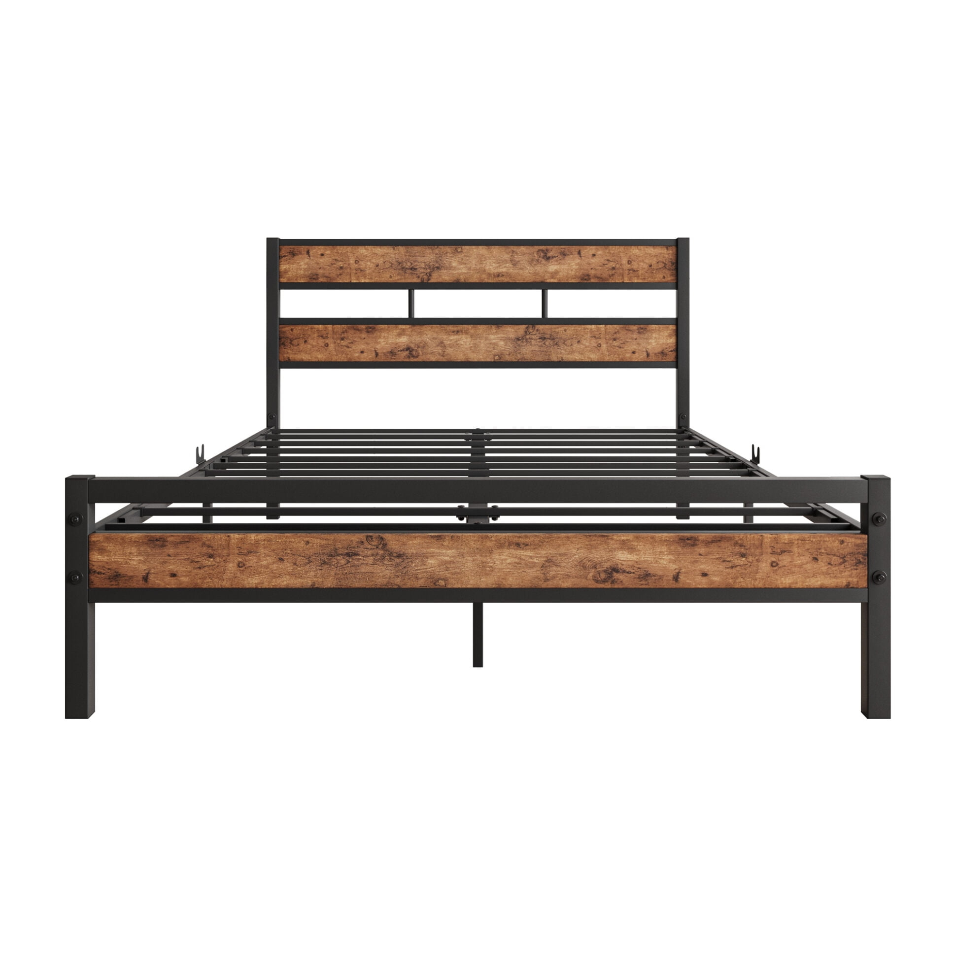 Industrial Style Full Size Platform Bed with Headboard and Footboard, Rustic Vintage Platform Bed Frame with Metal Slats and Legs, No Box Spring Needed, Brown