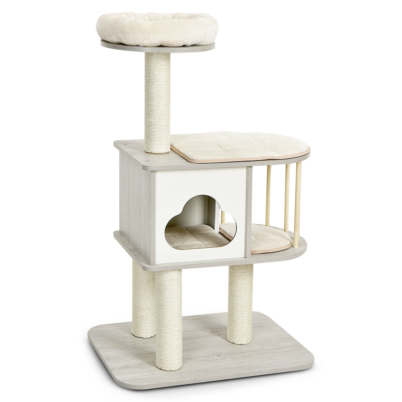 46'' Light Gray Wooden Cat Tree with Sisal Posts and Cushions