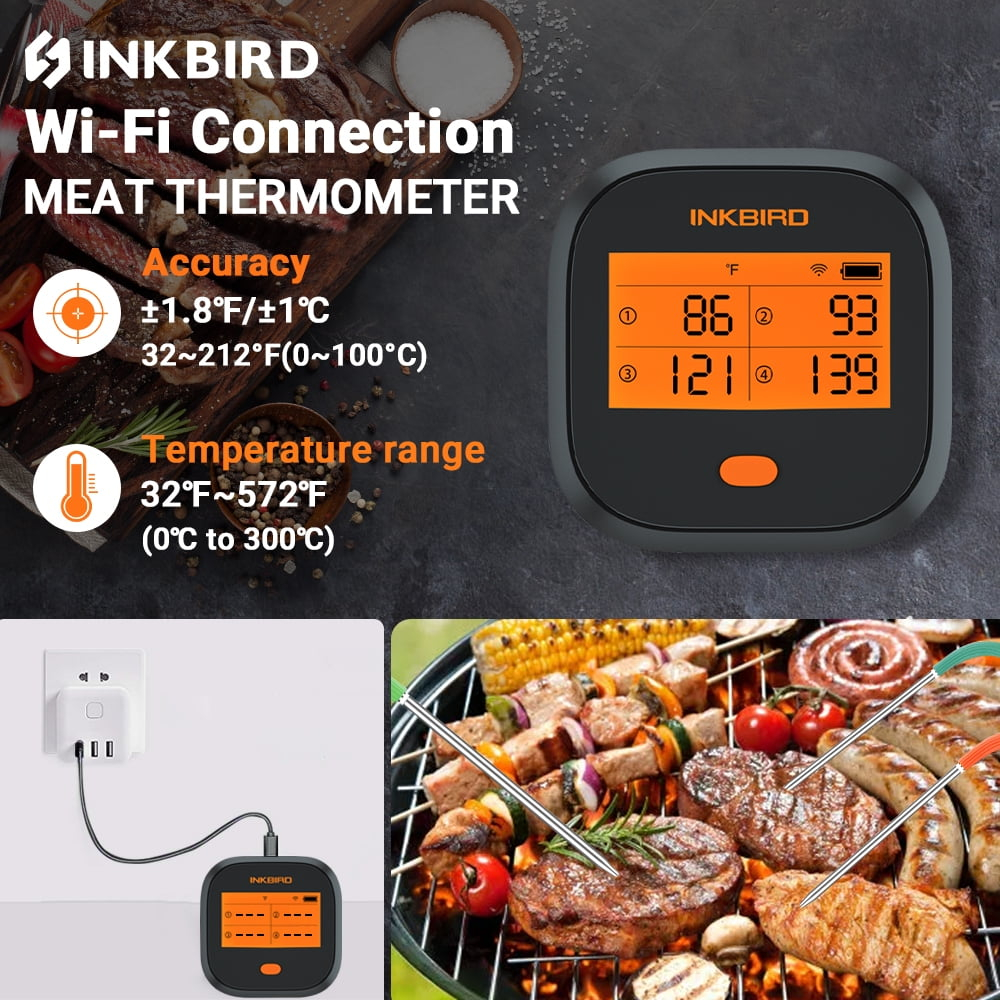 Inkbird IBBQ-4T Wi-Fi Rechargeable CD Display Timer Alarm BBQ Meat Thermometer with 4 Probes
