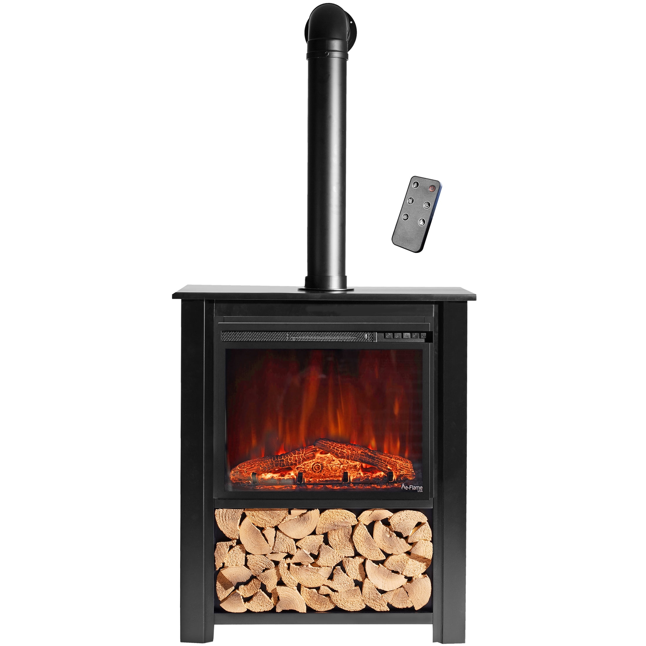 Innsbruck Electric LED Fireplace Stove - Décor Chimney Flue and Wood - 32" Wide x 38" Tall – Soot Black Finish - New 2024