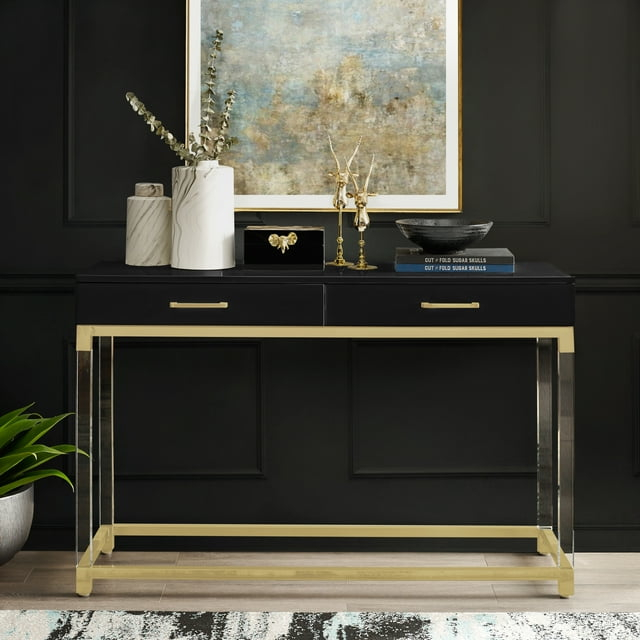Inspired Home Alena Console Table 2 Drawers High Gloss Acrylic Legs Gold Stainless Steel Base Modern Design, Black/Gold