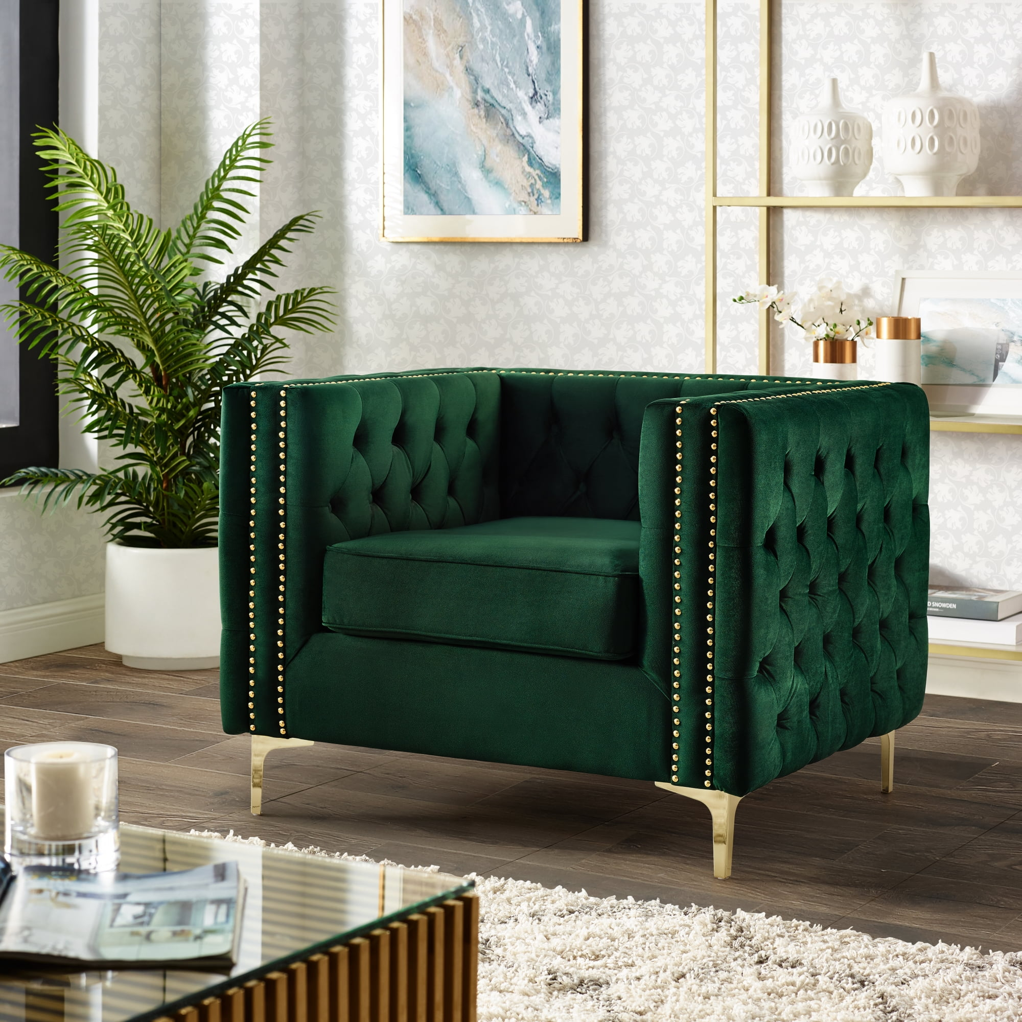 Inspired Home Sania Velvet Club Chair- Tufted Nailhead Trim Gold Legs, Hunter Green