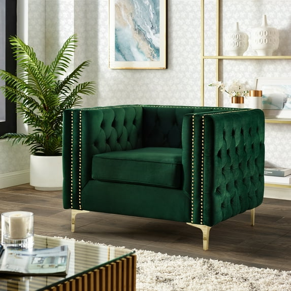 Inspired Home Sania Velvet Club Chair- Tufted Nailhead Trim Gold Legs, Hunter Green