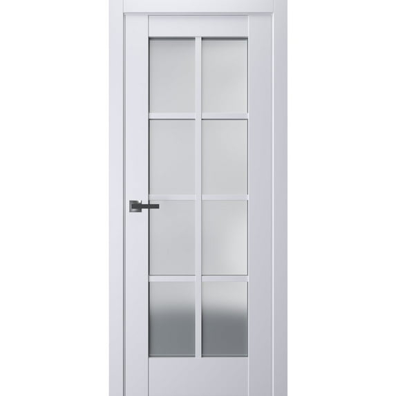 Interior Solid French Pre-Hung Door Frosted Glass | Veregio 7412 White Silk | Single Regular Panel Frame Trims Handle | Bathroom Bedroom Sturdy Doors -32" x 84"