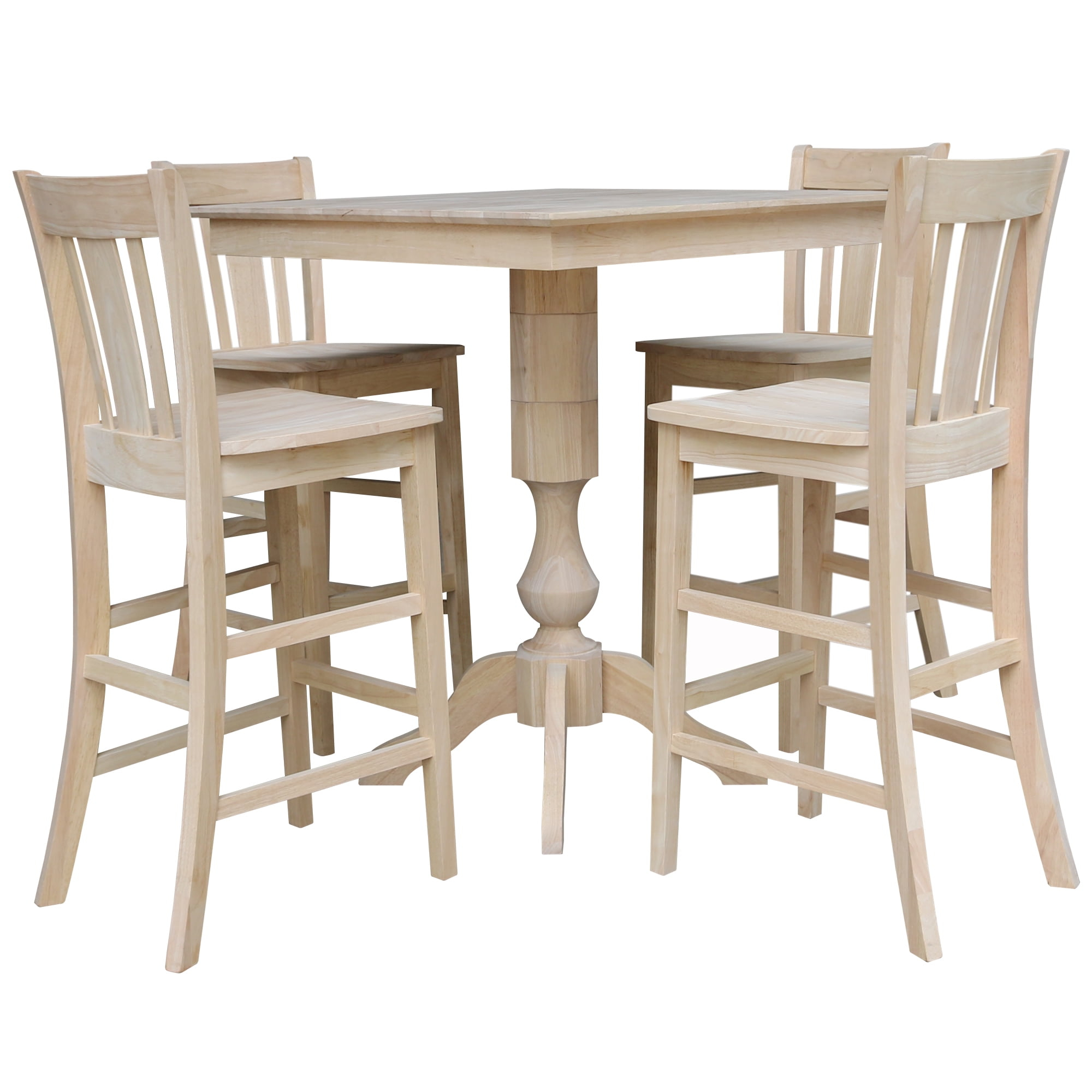 International Concepts 5-Piece Solid Wood Unfinished Dining Set with 36" Square Top Pedestal Table and 4 Bar Height Stools