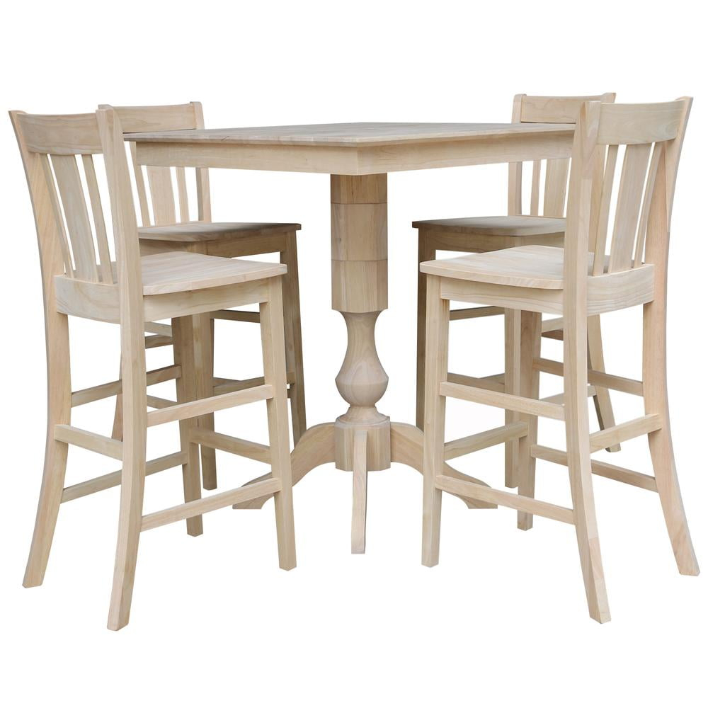 International Concepts 5-Piece Solid Wood Unfinished Dining Set with 36" Square Top Pedestal Table and 4 Bar Height Stools