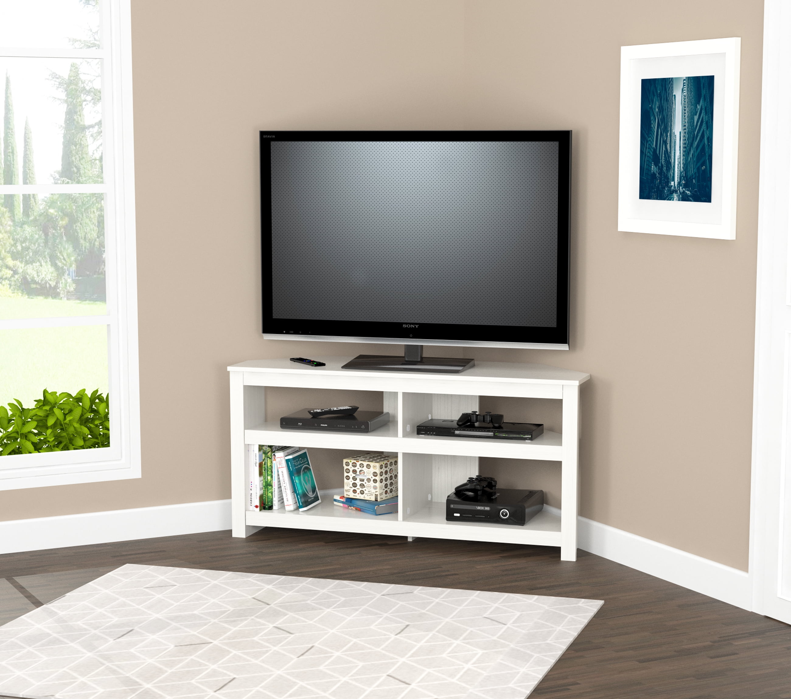 Inval 4-Shelf Corner TV Stand for TVs up to 60”, Washed Oak