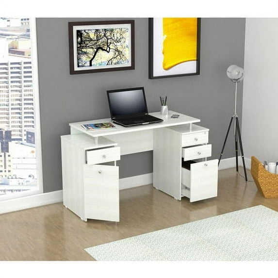 Inval 4-Drawer Computer Desk with Cabinet, Washed Oak
