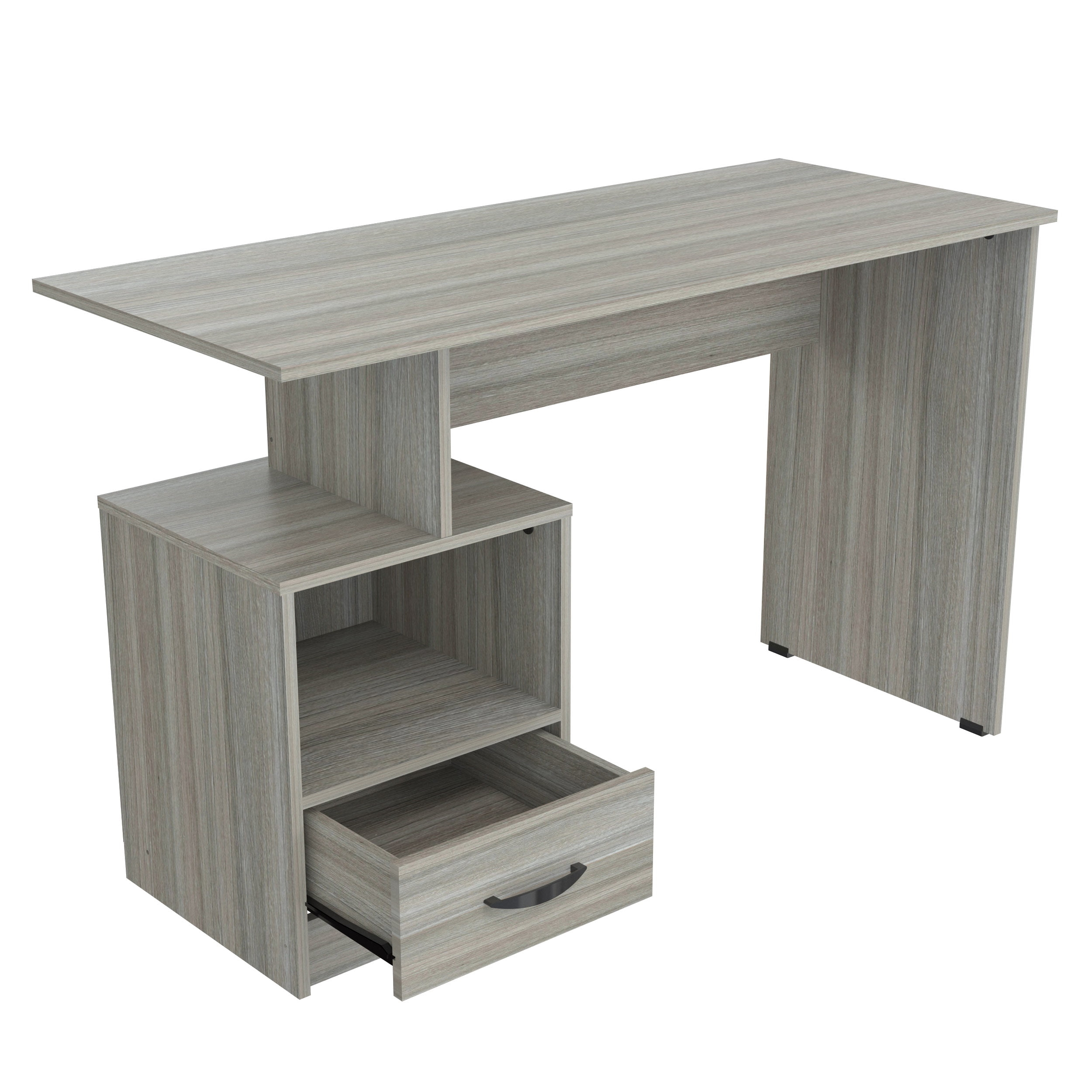 Inval Modern Writing Desk with Drawer and Open Storage, Smoke Oak