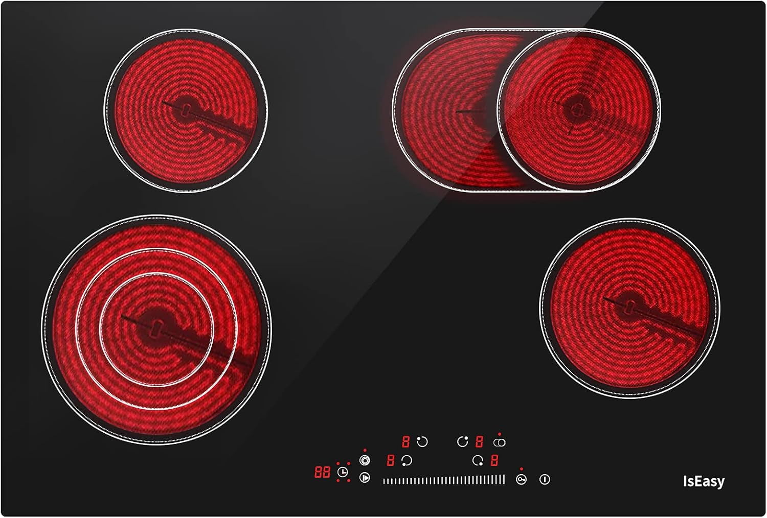 IsEasy 4 Burner Electric Cooktop 30 Inch Built-In Ceramic Cooktop Top, Electric Radiant Cooktop with Pause Function, Electric Stove Top, 220-240V 7200W, 9 Power Levels, Flexible Heating Zones