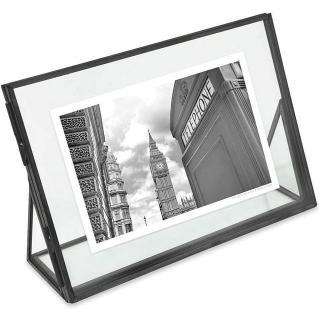 Isaac Jacobs 4x6, Black, Vintage Style Brass and Glass, Floating Photo Frame, Metal, Horizontal, with Locket Closure and Angled Base, for Pictures, Art, Mementos, Keepsakes 4x6, Black