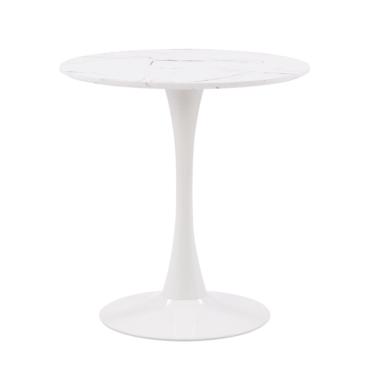 CorLiving Ivo Modern Round White Marbled Engineered Wood and Steel Pedestal Dining Table - Small Pedestal Dining Room Table for 3, Ideal Small Round Kitchen Table, Bistro Cafe Table