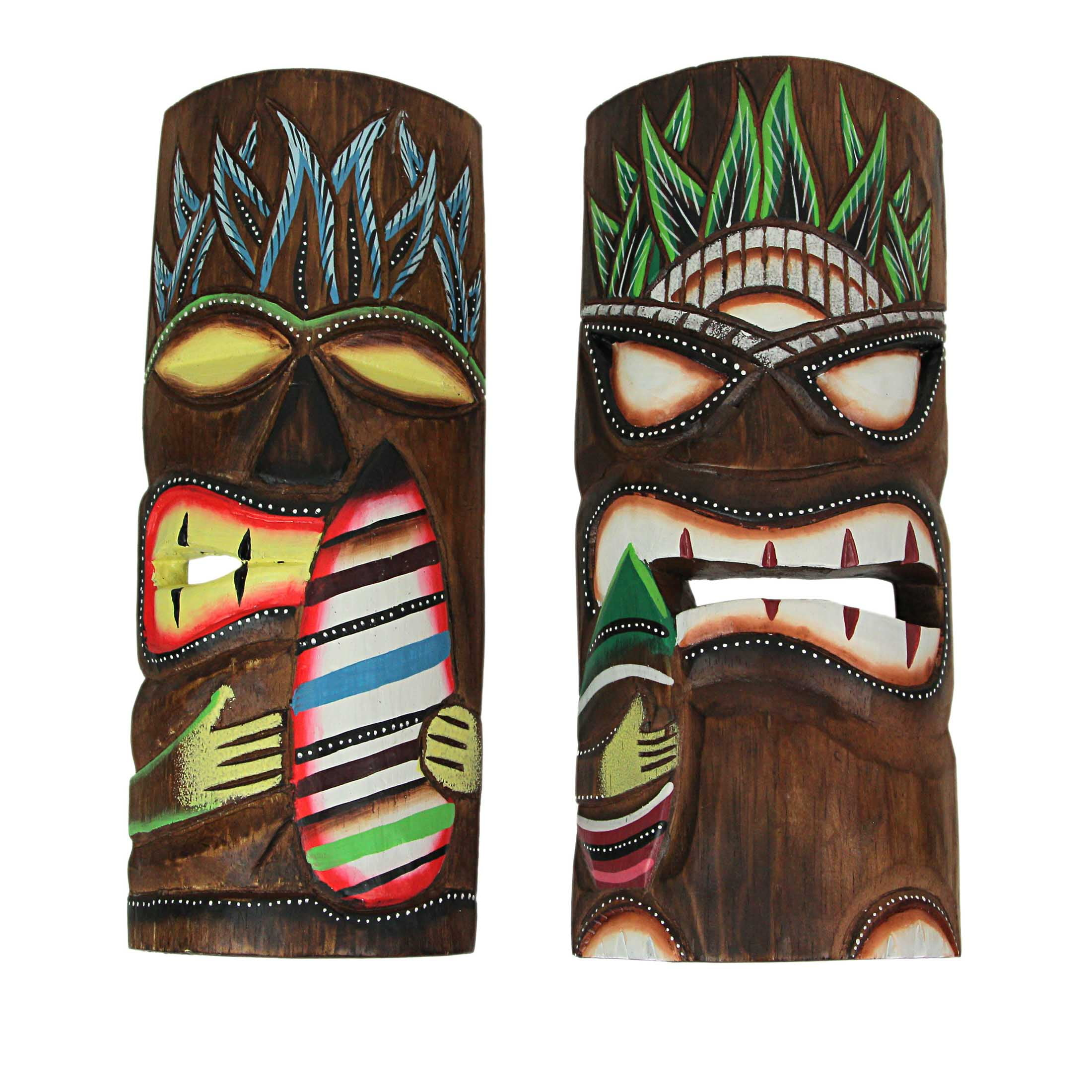 J.D. Yeatts 12 inch Carved Wood Surfer Tiki Masks Wall Hanging Beach (Set of 2)