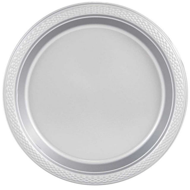 JAM Paper Round Plastic Party Plates, Silver, 20 per Pack, Small, 7"