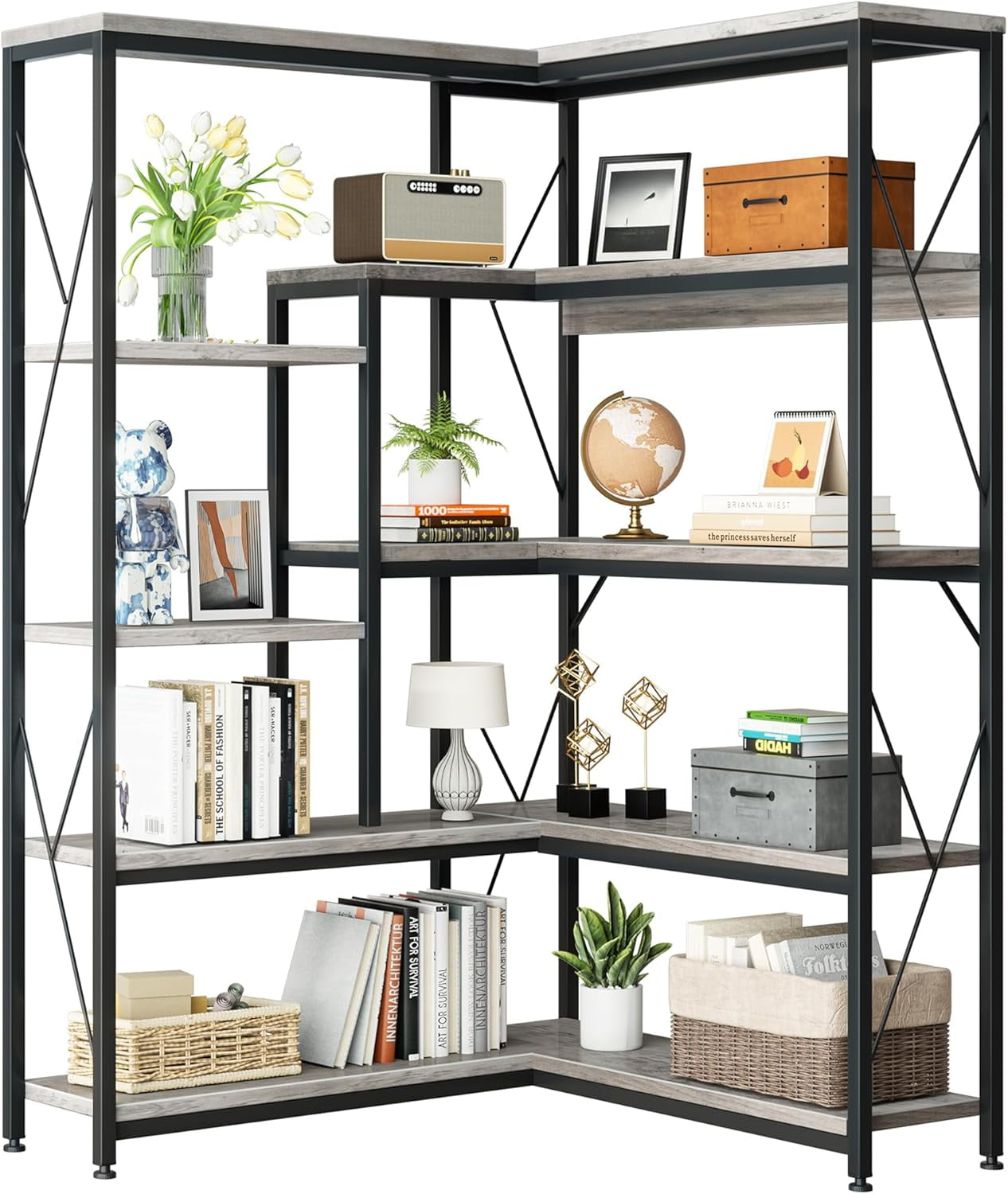 L-Shaped Corner Bookshelf, 5-Tier Industrial Bookcase with Heavy-Duty Metal Frame, Tall Storage Display Shelf for Bedroom, Living Room, and Home Office
