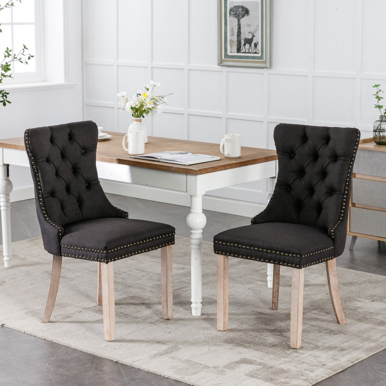 Dining Chairs Set of 2, Linen Upholstered Kitchen Chairs with Button Tufted Design, Armless Side Chairs Accent Chair for Living Room, Black