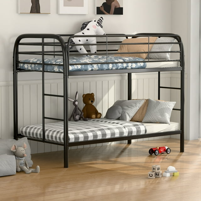 Black Twin Metal Bunk Bed with Safety Rails and Storage Drawer