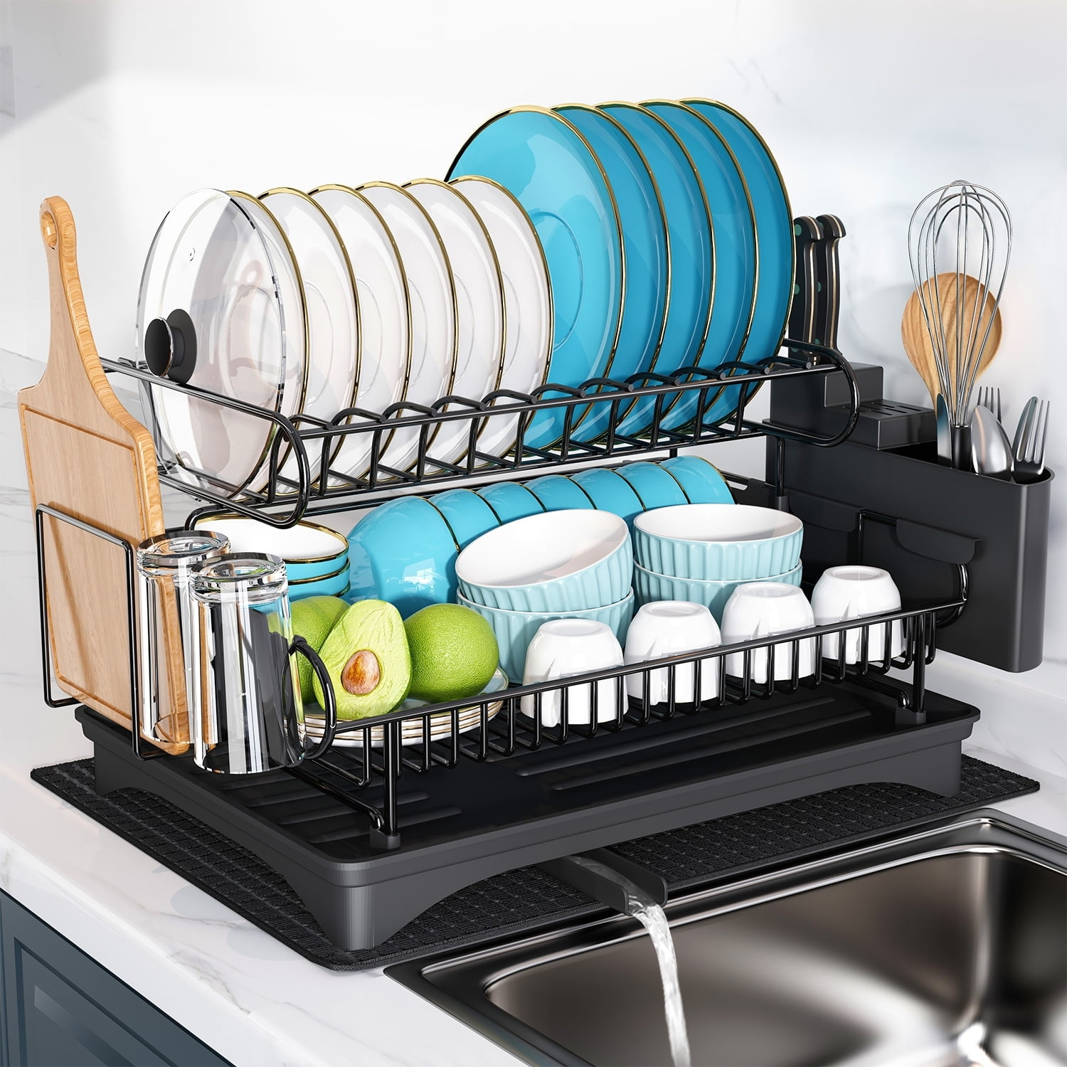 JASIWAY  2 Tier Kitchen Stainless Steel  Dish Rack with Drainboard Black
