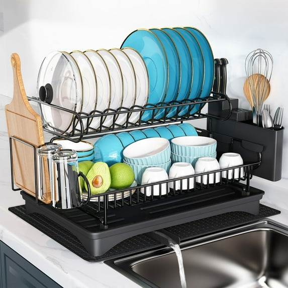 JASIWAY  2 Tier Kitchen Stainless Steel  Dish Rack with Drainboard Black
