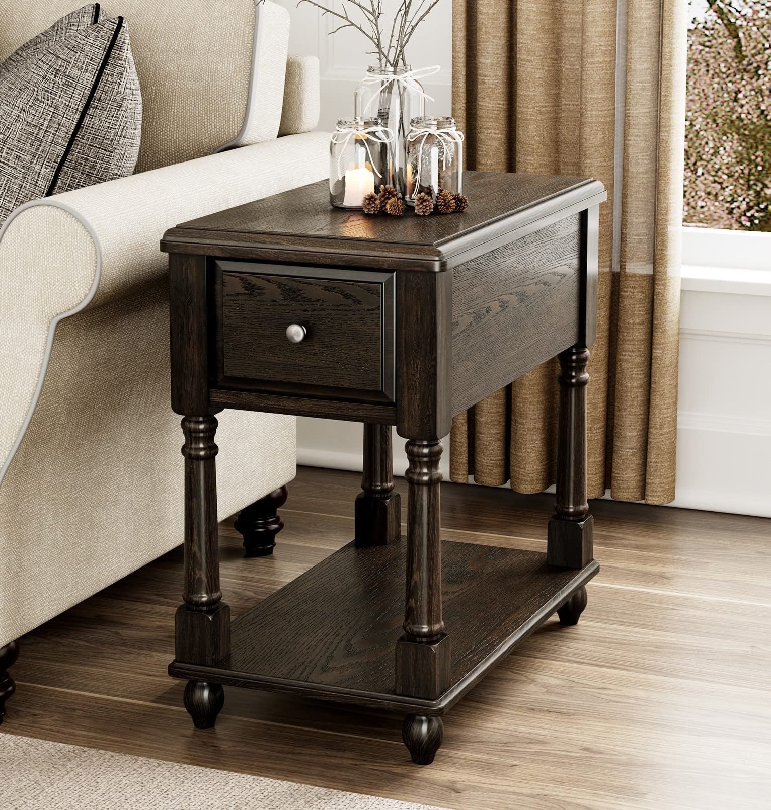 JESONVID Solid Wood Rectangular End Table with Storage, Antique Black