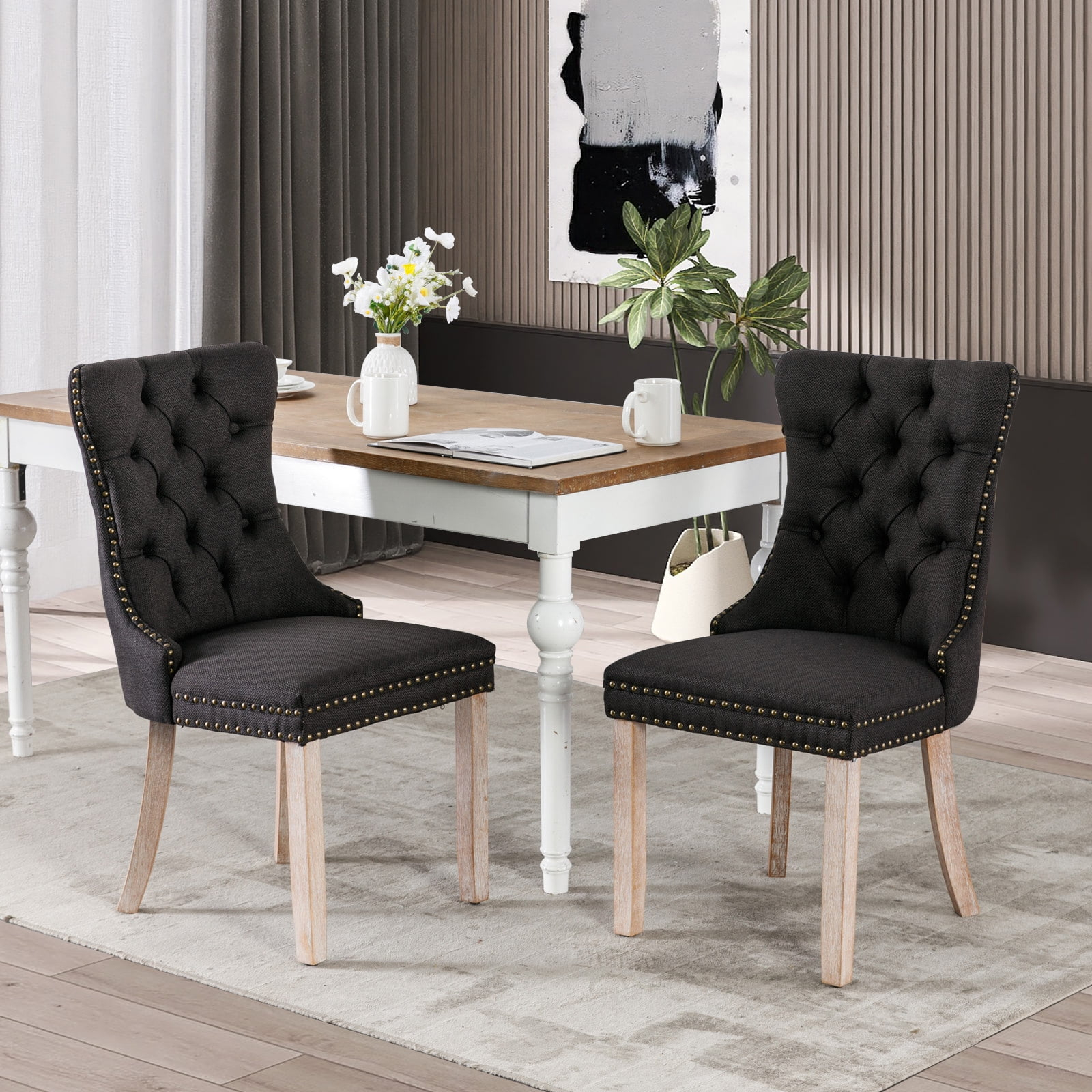 Dining Chairs Set of 2, Linen Upholstered Kitchen Chairs with Button Tufted Design, Armless Side Chairs Accent Chair for Living Room, Black