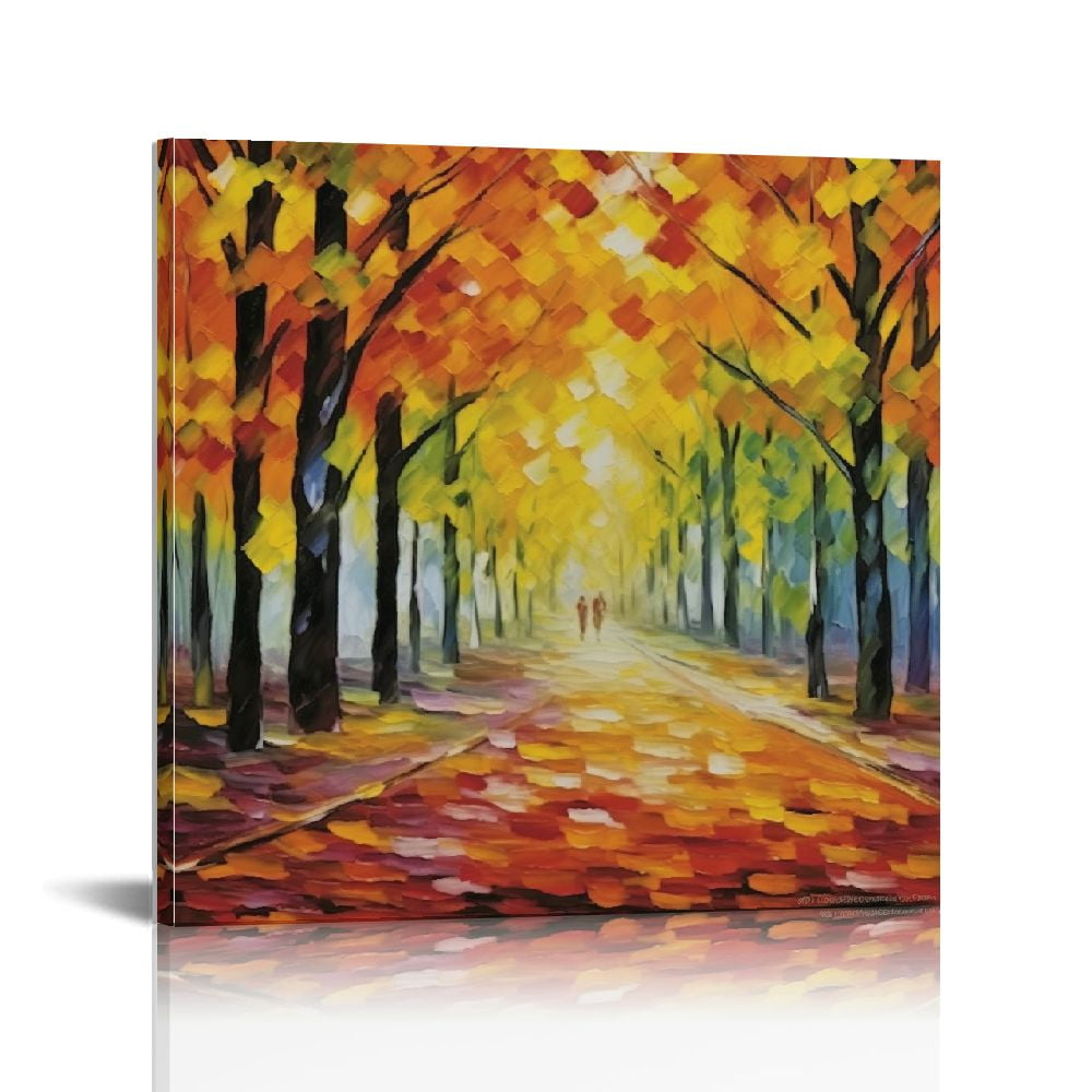 JEUXUS Colorful Landscape Oil Painting Wall Art Canvas Paintings Abstract Texture Rainbow Trees with Walking People Prints Pictures 4 Pieces Living Room Bedroom Artwork 16x16in