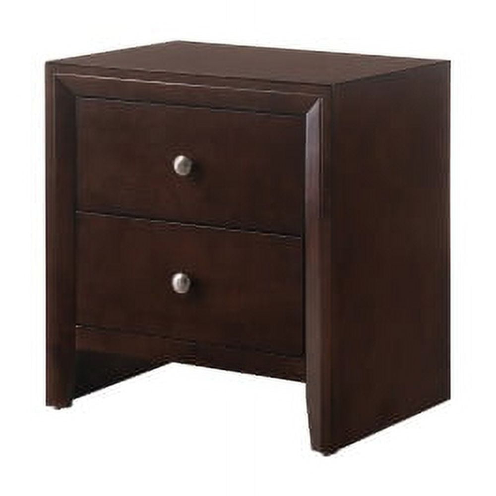 Contemporary Modern Look 2-Drawer Nightstand End Table Deep Brown Finish Two Storage Drawers Round Knobs Bedroom Living Room Wooden Furniture