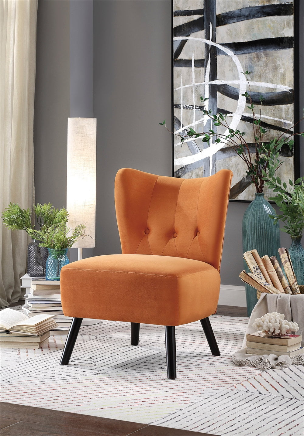 Wingback Accent Chair, Cute Velvet Living Room Chair, Button Tufted Leisure Reading Chair with Thick Cushion, Armless Club Chair for Bedroom and Dorm, Weight Capacity 300 LBS, Orange