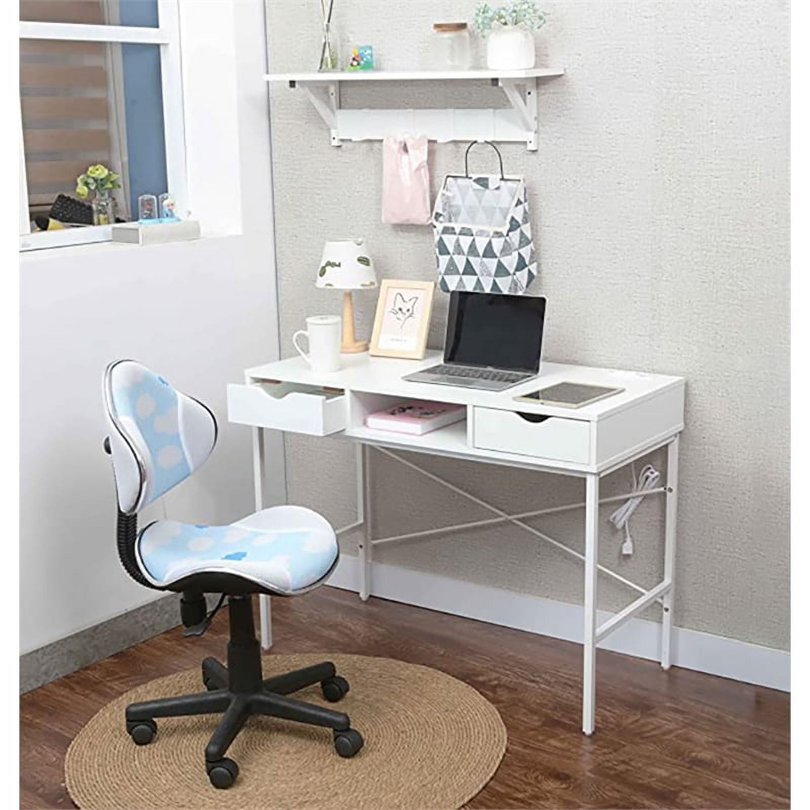 JJS 40' Writing Desk with Power Outlet, Home Office Contemporary Large Computer Desk Laptop Workstation with Drawer USB Ports Charging Station, White