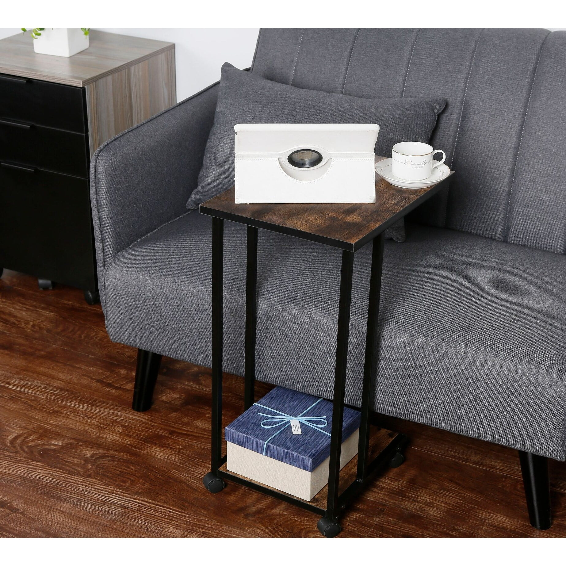 JJS Side End C Table for Sofa, Living Room Couch Table Snack Table That Slide Under for Small Spaces Rustic Brown