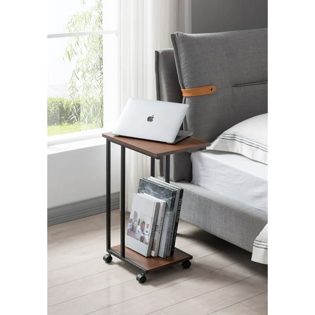 JJS Side End C Table for Sofa, Living Room Couch Table Snack Table That Slide Under for Small Spaces, Walnut/Black