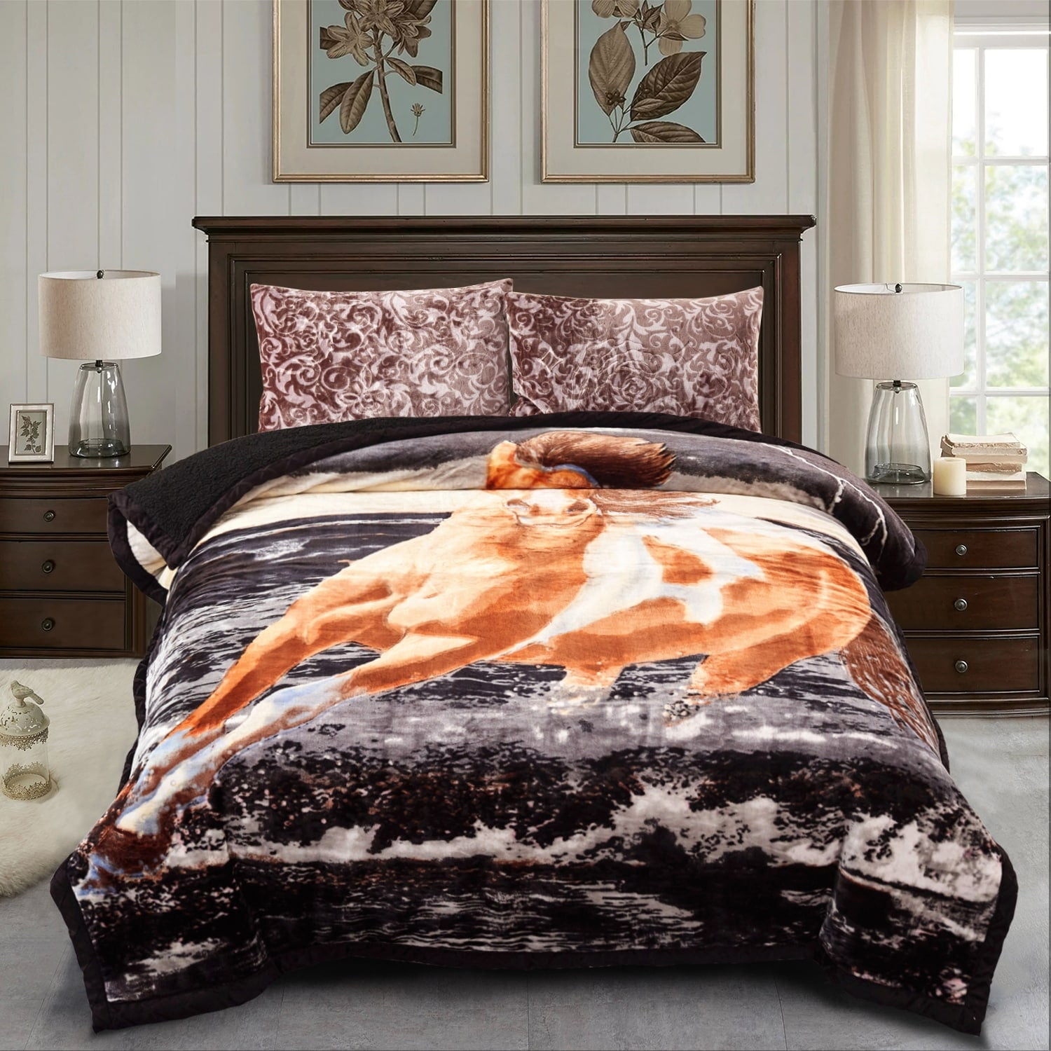 JML Ultra Plush Printed 3-piece Sherpa Borrego Comforter Set Horse Animal Print Modern & Contemporary